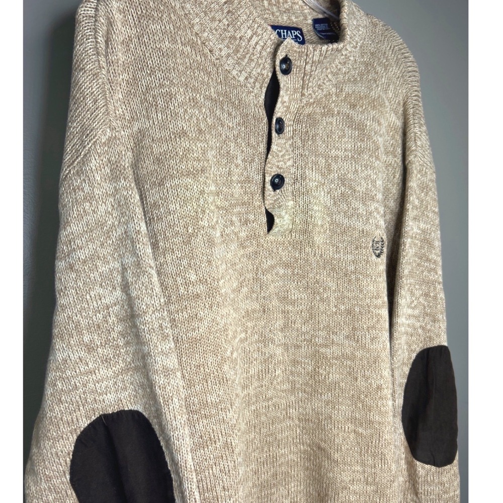 Chaps Mens 2XT Tall‎ Henley Sweater Tan Cotton Marled Knit Elbow Patches Logo